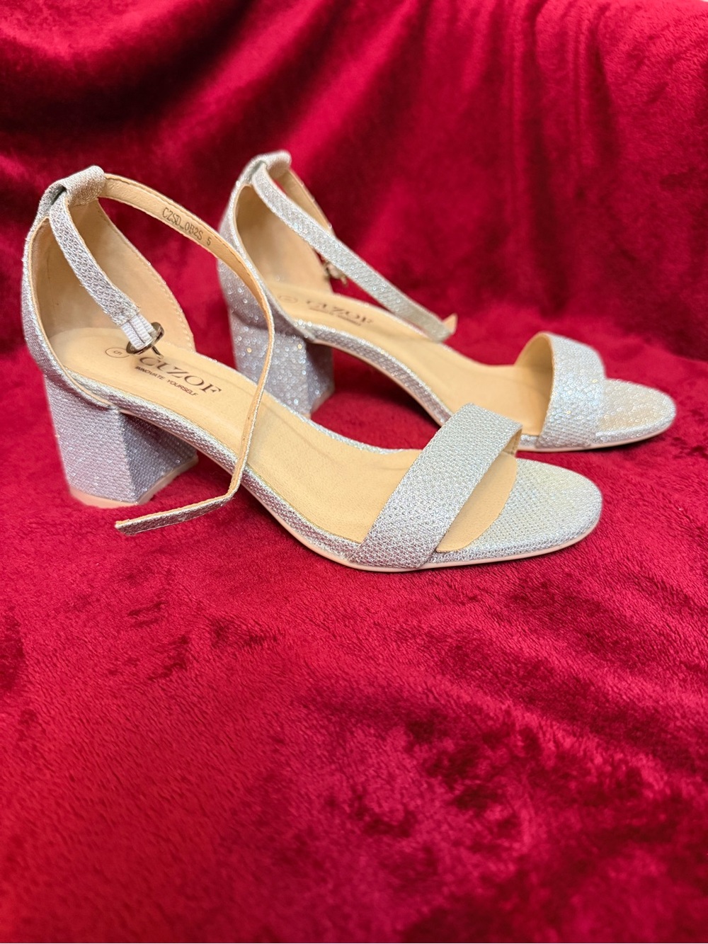 Silver Glitter Block Heel Sandals with Ankle Tie